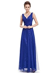 A-line V-neck Sleeveless Tulle Floor Length Lace Natural   Waistline Evening Dress 
