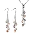 Multi-strands Silver Bar Crystal Multi-color Cultured Pearl Lariat with Multi-color Dangle Earrings Set