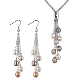 Multi-strands Silver Bar Crystal Multi-color Cultured Pearl Lariat with Multi-color Dangle Earrings Set