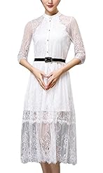 Lace Vintage Sheer Jacquard Short Elbow Length Sleeves Summer Polyester Round Neck  Dress
