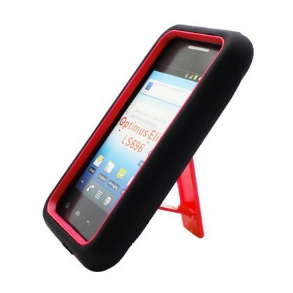 AI Double Layer Kickstand Hard Hybrid Gel Case Cover For LG Optimus Elite LS696 - Black and Red