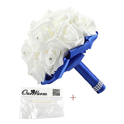 OurWarm® Dark Blue Crystal Roses Pearl Bridal Bridesmaid Wedding Bouquet Artificial Silk Flowers with 1pcs Glue Stick