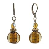 Earrings - E236 - Murano Style Glass - Round Disk ~ Antique Gold Topaz Stripe