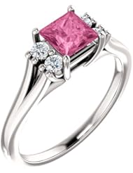 18K White Gold 5.00x5.00mm Princess Cut Pink Sapphire and Diamond Ring -- LIFETIME WARRANTY