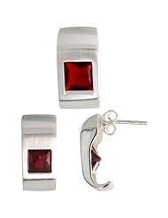 Sterling Silver Matte-finish Fancy Earrings (16mm tall) & Pendant Slide (17mm tall) Set, w/ Princess Cut Ruby-colored CZ Stones