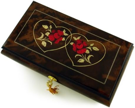 Romantic Walnut Tone Double Red Rose and Heart Musical Jewelry Box with 18 Note Tune-My Kind of Women, My Kind of Man - SWISS