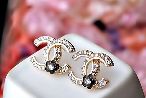 MaxMoMo Women's Fashion Jewelry Metal and Crystal Black and White Diamond Earring/ear Stued (diamond and black flower)