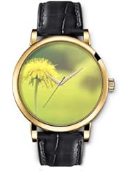 SPRAWL Aanalog Fashion Series Gold Ladies Watches of Genuine Black Leather Strap,Unique Wrist Watch for Women Girls Designed with Yellow flower