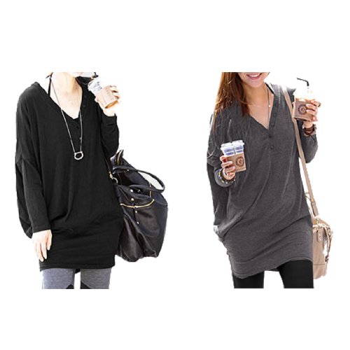 Allegra K Women V Neck Tunic Batwing Sleeve Shirts Loose Fitting Blouse
