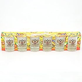 SHOT GLASS SET/RUSSIA'S COAT OF ARMS/RUSSIA FOREVER [Made in Russia. Material: glass. Set includes 6 shot glasses. Size: 2.6" (6.5 cm) tall; 50 gram capacity each] [These days it's hard to find a man who doesn't drink at all, but if you did, even he would like the souvenirs from the Let's Drink series. Whether you want to amaze your acquaintances by decorating your home with an interesting acquisition, hope to lure in a new romance, have a heart-to-heart with friends, or just have a good time, you'll be interested in this new set of shot glasses, which will enliven your interior and warm your heart with their contents]