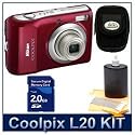 Nikon Coolpix L20 Digital Camera (Red), 10.0 Megapixels, 3.6x Optical Zoom (38-136mm), 3.0 Inch High Resolution LCD, Ultra-Compact Digital Camera Deluxe Carrying Case, 3pc. Lens Cleaning Kit, 2 GB Memory Card