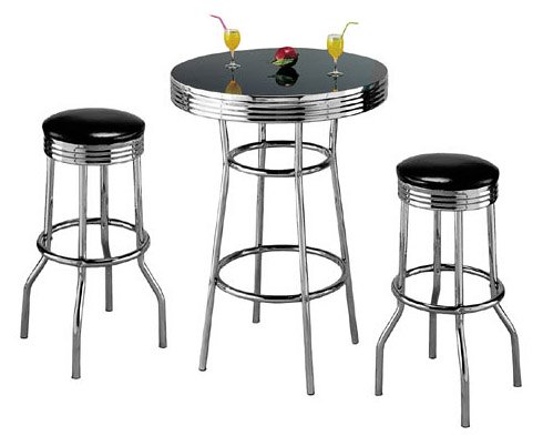 3pcs Retro Fountain Style Black & Chrome Finish Bar Table & 2 Stool Set