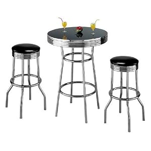 3pcs Retro Fountain Style Black and Chrome Finish Bar Table and 2 Stool Set by 