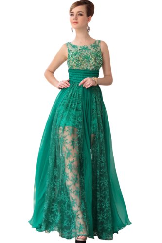BPSFStudios Green Bateau Neck Floor Length Evening Dress w/ Sheer Skirt - XL - Green