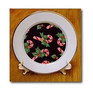 Christmas Candy Canes with Bells and Holly on Black - 8 Inch Porcelain Plate
