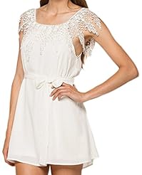 Chiffon Off the Shoulder Sleeveless Belted Lace Mini Dress 