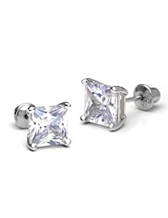14k Gold Plated 925 Silver 6mm Princess Cut Stud Children Screwback Earring Baby, Toddler, Kids & Children