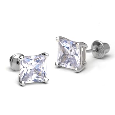 Cheap Girls Jewelry 14k Gold Plated 925 Silver 6mm Princess Cut Stud Children Screwback Earring Baby, Toddler, Kids & Children For Sale