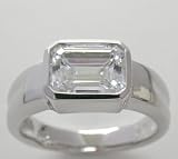 Heavy 14K White Gold Cubic Zirconia Bezel Set Emerald Cut Engagement Ring