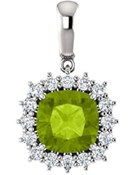 18K White Gold 8.00x8.00mm Antique Cushion Cut Peridot and Diamond Pendant -- LIFETIME WARRANTY