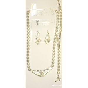 One Strand Simulated White Pearl Short Chain Necklace Crystals Loaded on Silver Locket Matching...