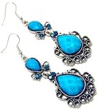 Elegant Medievil Burnished Silver Teardrop Dangle Earrings with Turquoise Resin Jewels
