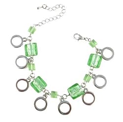 Bracelet - B81 - Murano Style Glass Cubes & Silver Tone Circle Dangles ~ Peridot Green