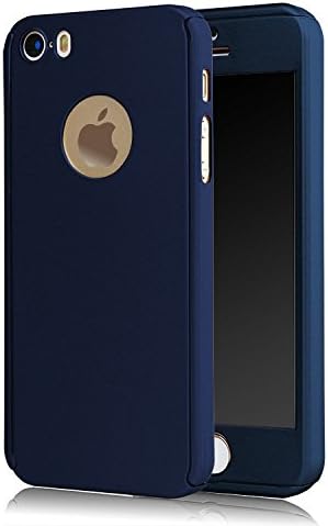 iPhone 5 5S SE Case, Dual Layer Ultra Slim Soft Full Protection Cace With Tempered Glass For iPhone 5 5S SE (Dark Blue)