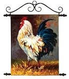 Blue and White Rooster Hand Painted Canvas Wall Art with Wrought Iron Topper