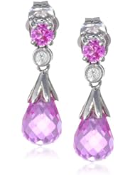 10k White Gold Teardrop Created Pink Sapphire Diamond-Accent Earrings (0.02 cttw, I-J Color, I2-I3 Clarity)