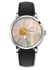 SPRAWL Aanalog Fashion Series Silver Ladies Watches of Genuine Black Leather Strap,Unique Wrist Watch for Women Girls Designed with daisy withers