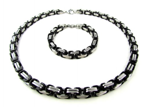 CELRIC Edelstahl Halskette + Armband im Set, K&Atilde;&para;nigskette, Bikerkette, Panzerkette schwarz silber