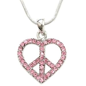 Cute and Trendy Pink Crystals Peace Sign/symbol Heart Necklace