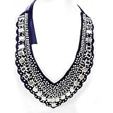 Special Price! Bib Style Long Necklace with Silver Stones and Black Tie on Back
