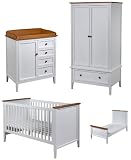 White Painted & Honey Pine Nursery Furniture Set Room Deal With Wardrobe, Cot Bed and Changing Chest Table For Baby - Without Mattress