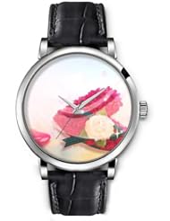 SPRAWL Aanalog Fashion Series Silver Ladies Watches of Genuine Black Leather Strap,Unique Wrist Watch for Women Girls Designed with Red and white rose petals