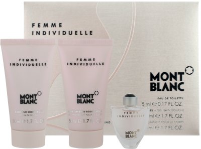Montblanc Femme Individuel by Montblanc 3 Piece Travel Set Includes: 0.17 oz Eau de Toilette Miniature Collectible + 1.7 oz Moisturizing Body Lotion + 1.7 oz Bath and Shower Gel