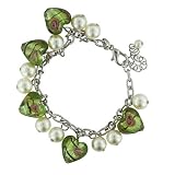 Alternating Green Heart And Faux Pearl Murano Glass Bracelet