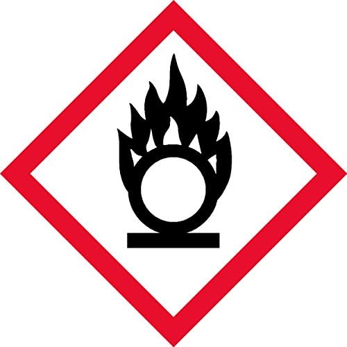 OSHA Compliant, GHS Flame Over Circle, Pictogram, Red Border, Black Symbol, Picto, White Base, Laminated, Safety Decal Label Vinyl Sticker, (1" x 1" (16 per))
