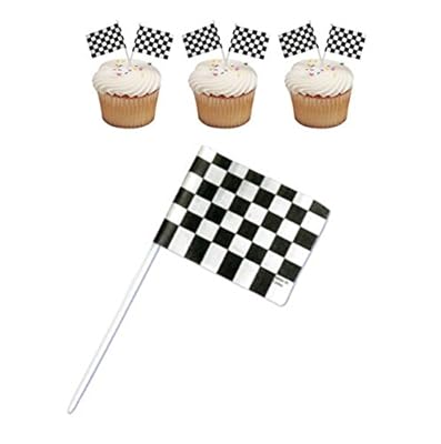 24 Checkered Flag Racing Cars Black Cake Cupcake Toppers Picks Party Nascar Baking