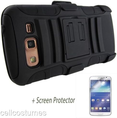 Black Heavy Duty Rugged Armor Hybrid Case Cover w/ Belt Clip Holster for Samsung Galaxy Grand 2 G7102/G7105 + Screen Protector [In CellCostumes Retail Packaging]