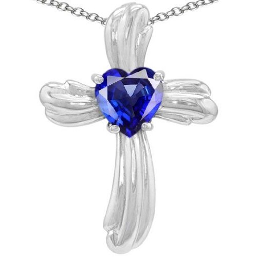 Candygem Genuine 14k Gold Lab Created Heart Shape Sapphire Cross Pendant