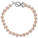 Sterling Silver Breast Cancer Awareness Ribbon Toggle Pink Fresh Water Pearl 7.5in Bracelet