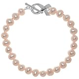 Sterling Silver Breast Cancer Awareness Ribbon Toggle Pink Fresh Water Pearl 7.5in Bracelet