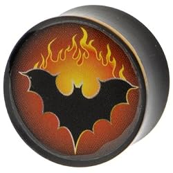 3/4" Gauge Flaming Bat Organic Horn Plug