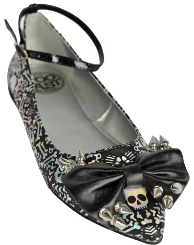 Gothic Night Skull & Bones Hologram Print w/ Black Bow & Spikes Punk Flat Shoes (6B(M) US)