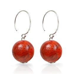 Olive N Figs Sterling Silver and Red Coral Ball Dangle Earrings