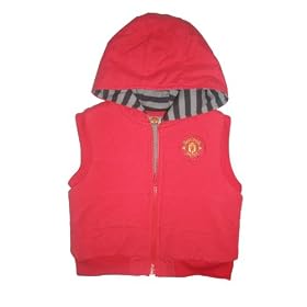 Manchester United Football Club Boys Gilet with Hood Striped Neck Lining and Embroidered Badge; (Red, 6 to 9 months)