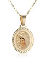 14k Yellow Gold Blessed Virgin Mary Oval Picture Medal Necklace, 18"