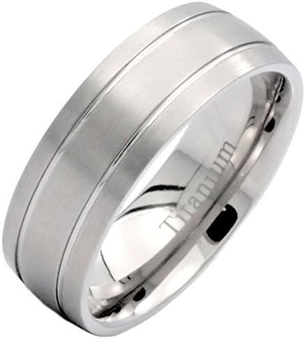 8mm Brushed Titanium Wedding Ring 2 Polished Grooves Comfort Fit Size 10